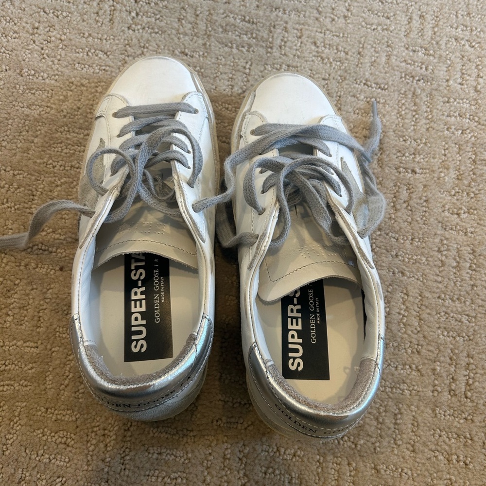Golden Goose Super-star with silver heel tab and metal stud lettering